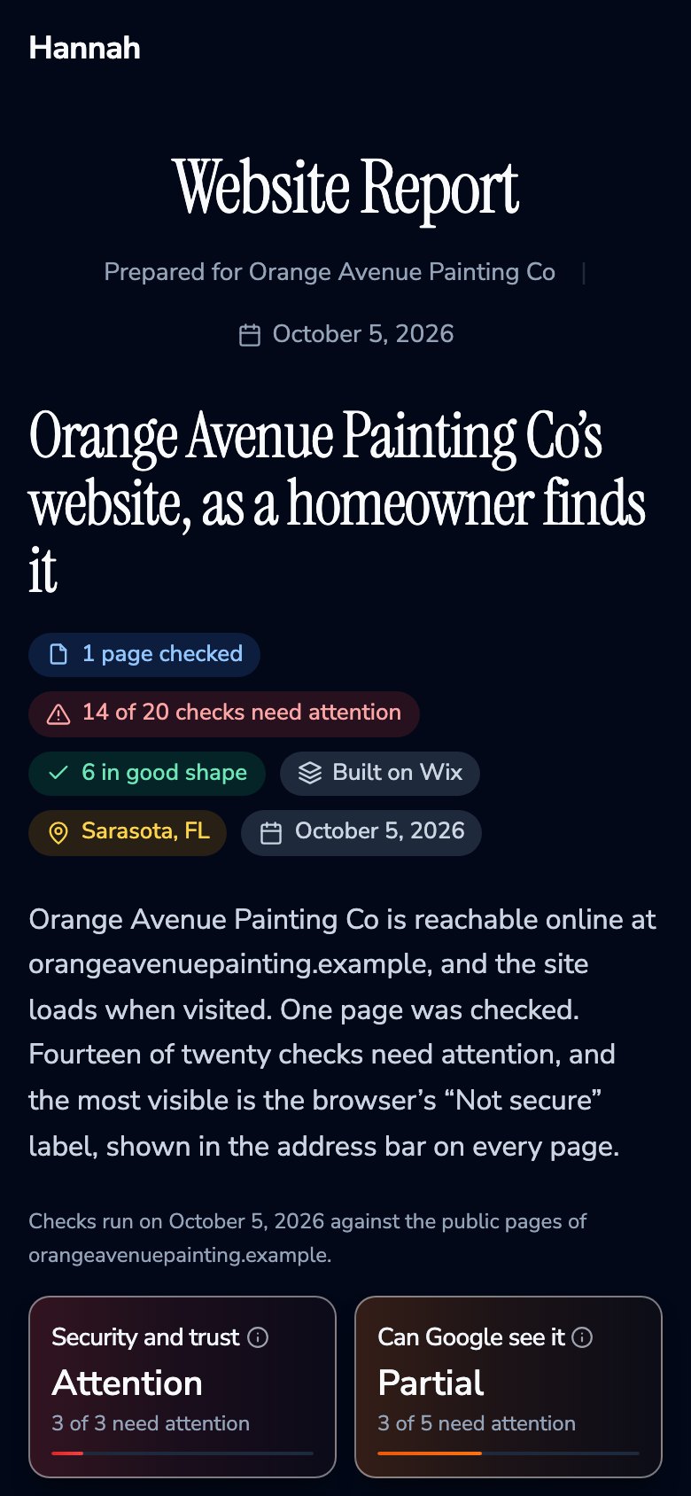 A ShowFirst website audit report for a painting company, on a phone, dark theme