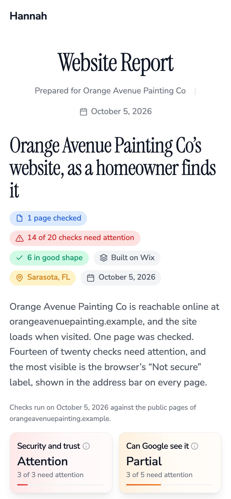 A ShowFirst website audit report for a painting company, on a phone